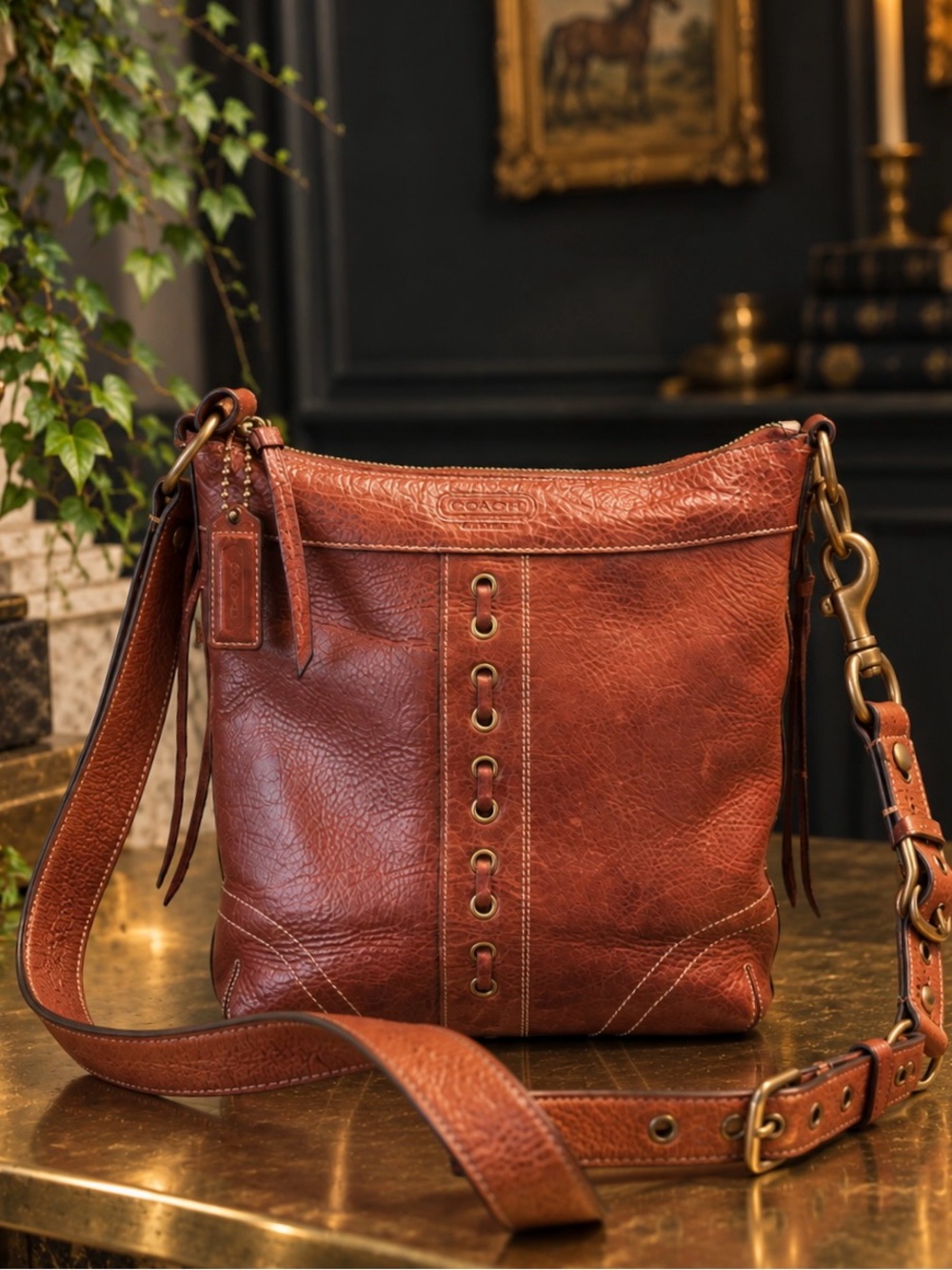 Vintage 2006 COACH Chelsea Laced Duffle Crossbody Bag Cognac Brown